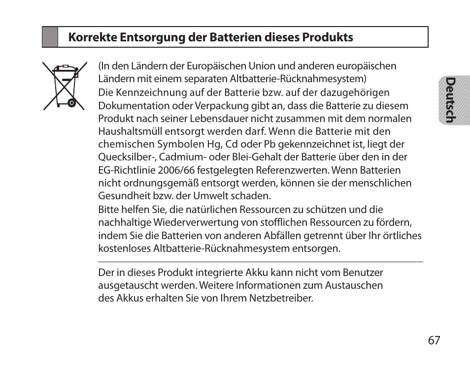 Korrekte entsorgung der batterien dieses produkts | Samsung HM3700 User Manual | Page 69 / 213