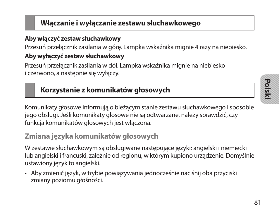 Włączanie i wyłączanie zestawu słuchawkowego, Korzystanie z komunikatów głosowych | Samsung HM3700 User Manual | Page 83 / 213