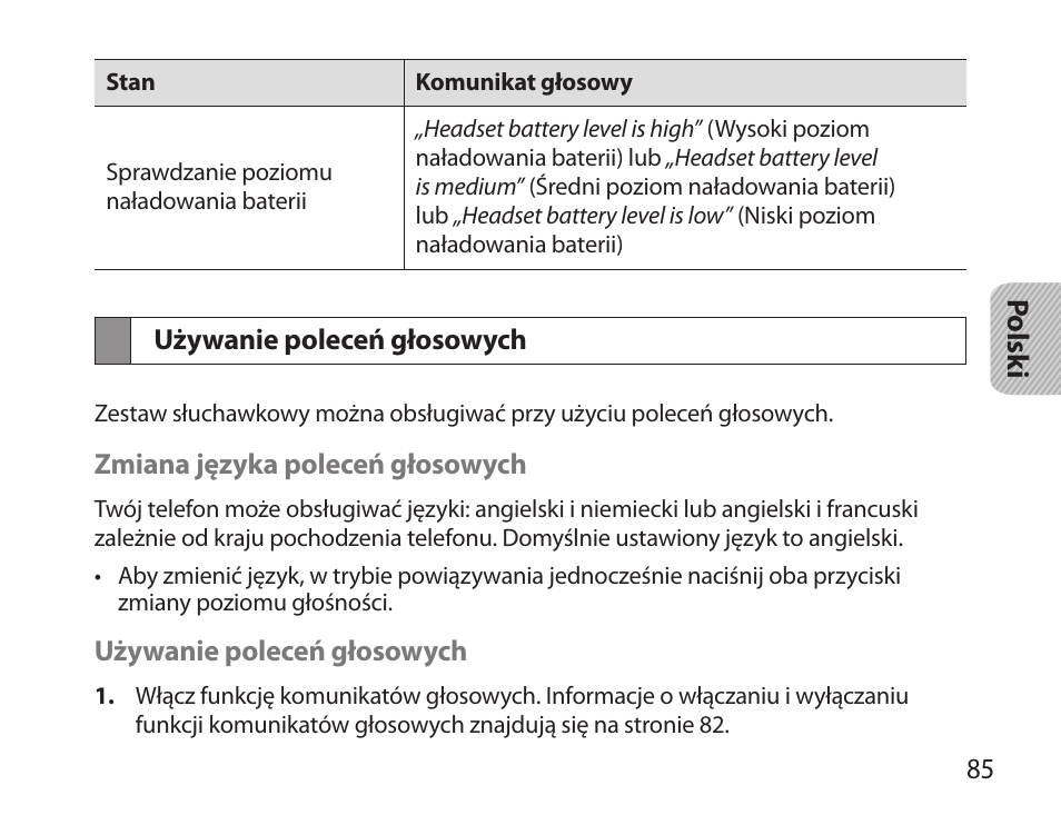 Używanie poleceń głosowych | Samsung HM3700 User Manual | Page 87 / 213