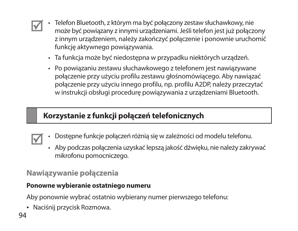 Korzystanie z funkcji połączeń telefonicznych | Samsung HM3700 User Manual | Page 96 / 213