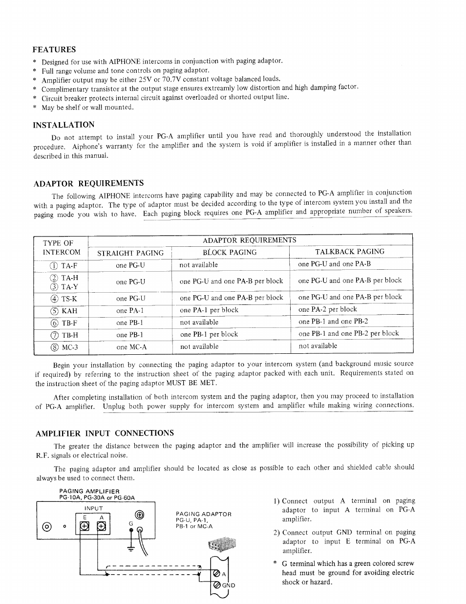 Features, Installation, Adaptor requirements | Amplieier input connections | Aiphone PG-60A User Manual | Page 2 / 4