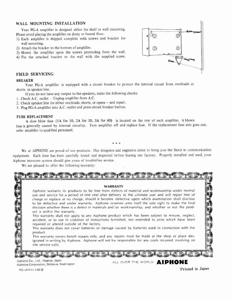 Wall mounting installation, Field servicing, Aiphone | Aiphone PG-60A User Manual | Page 4 / 4