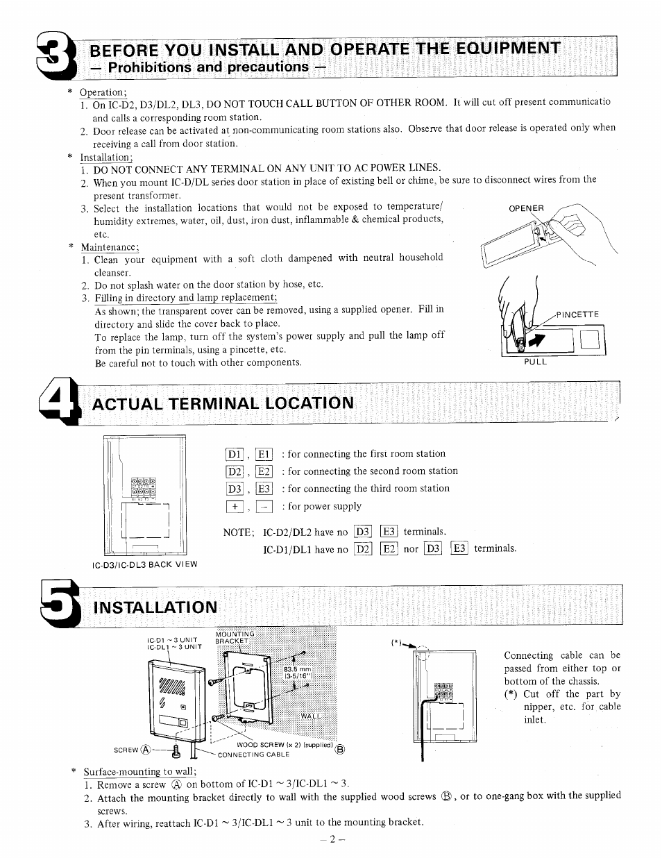 Before you install and operate the equipment, Actual terminal location, Installation | Aiphone DOOR STATION IC-DL1 User Manual | Page 2 / 4