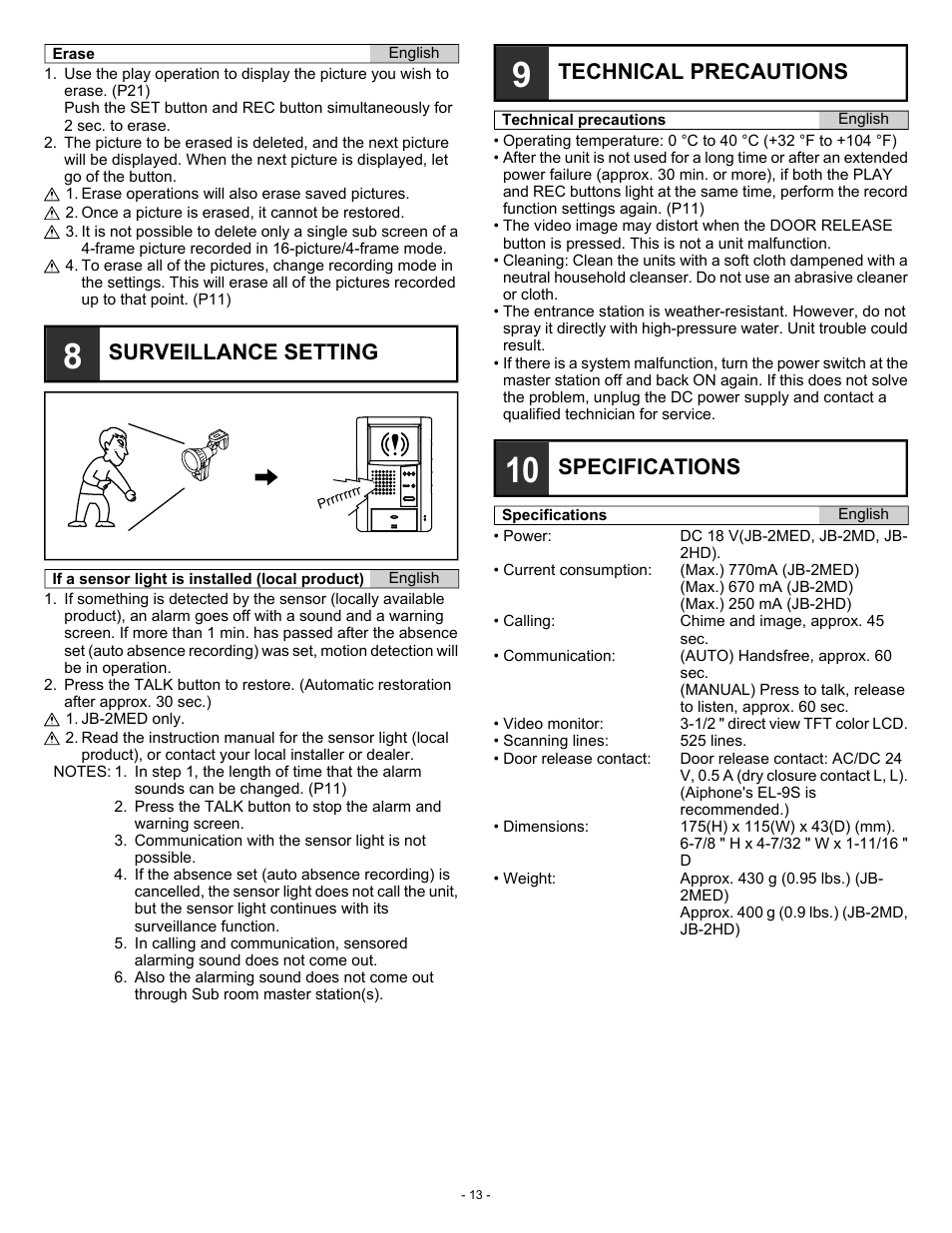 Surveillance setting, Technical precautions, Specifications | Aiphone JB-2MED User Manual | Page 13 / 14