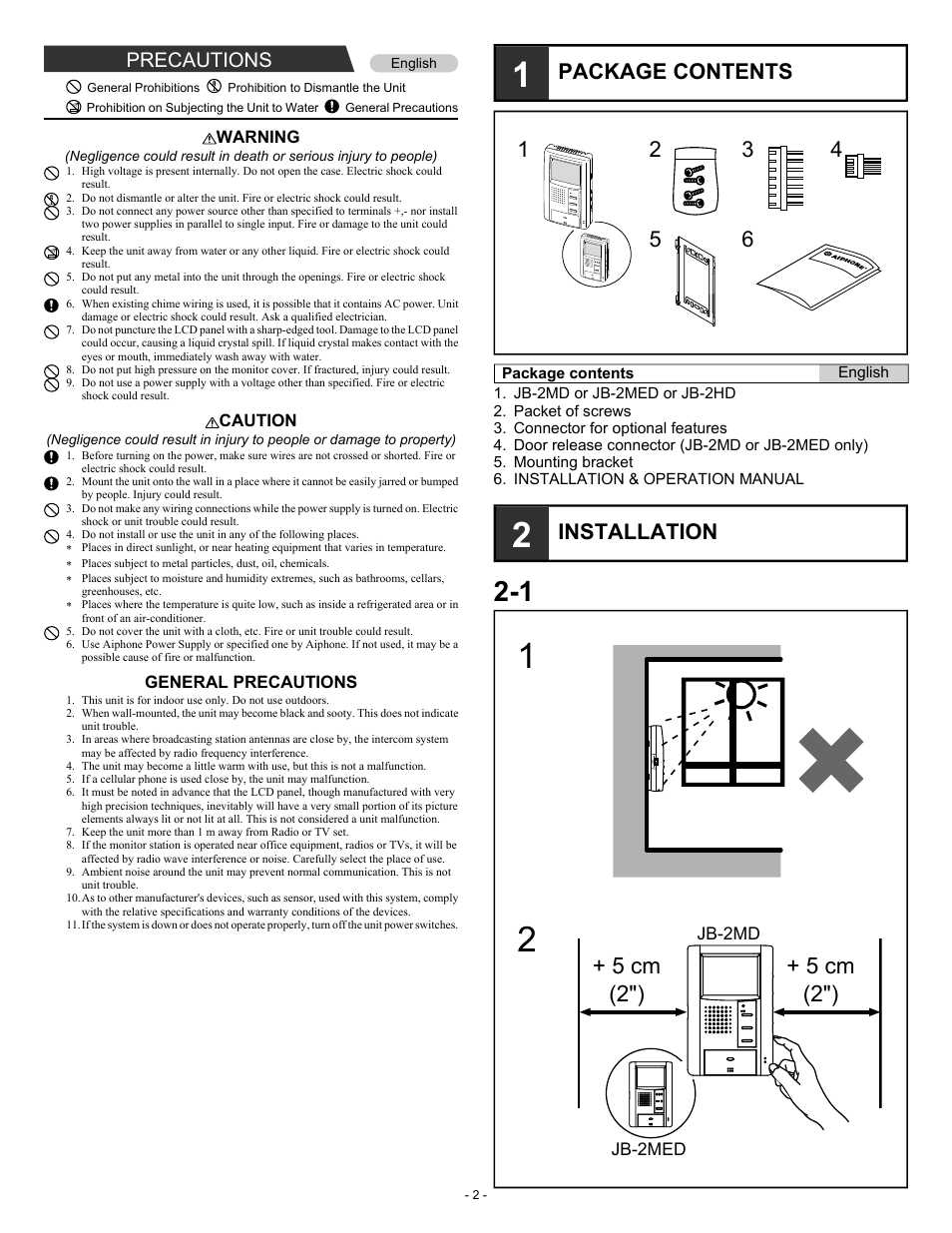 5 cm (2") + 5 cm (2"), Package contents, Installation | Precautions | Aiphone JB-2MED User Manual | Page 2 / 14