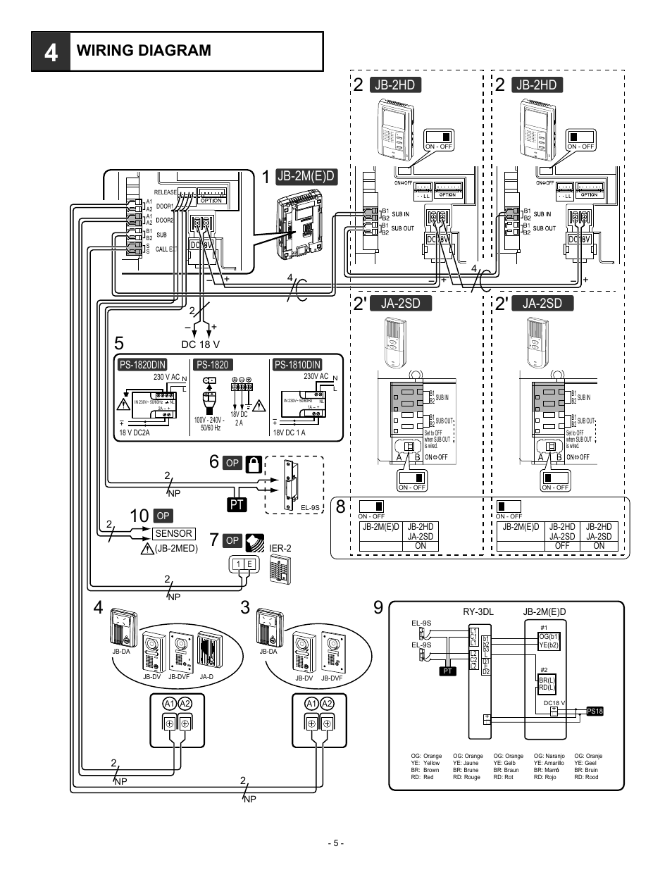 Wiring diagram, Jb-2hd, Ja-2sd | Jb-2m(e)d | Aiphone JB-2MED User Manual | Page 5 / 14