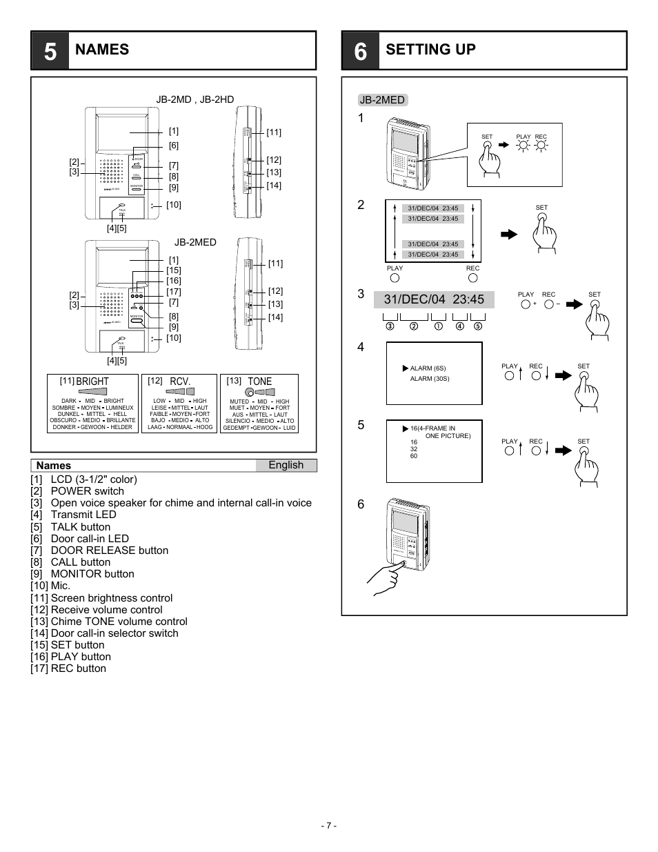 Names, Setting up, Bright tone | Jb-2md , jb-2hd jb-2med, Jb-2med, Call, Rec play set | Aiphone JB-2MED User Manual | Page 7 / 14