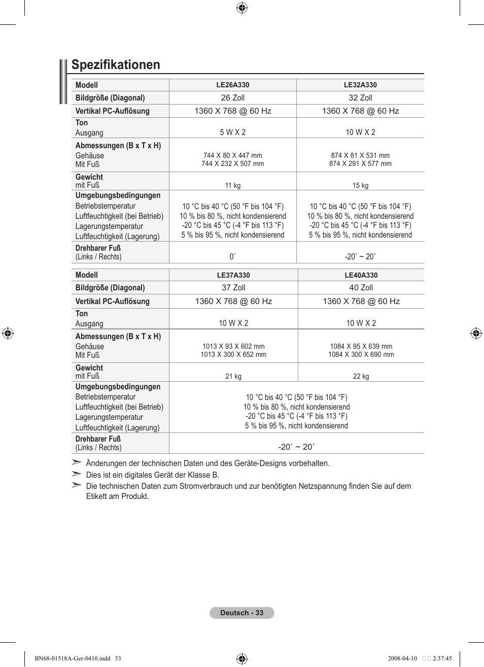 Spezifikationen | Samsung LE32A330J1N User Manual | Page 103 / 413