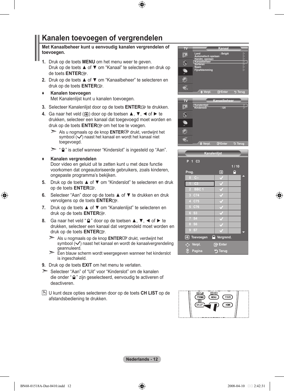 Kanalen toevoegen of vergrendelen | Samsung LE32A330J1N User Manual | Page 116 / 413