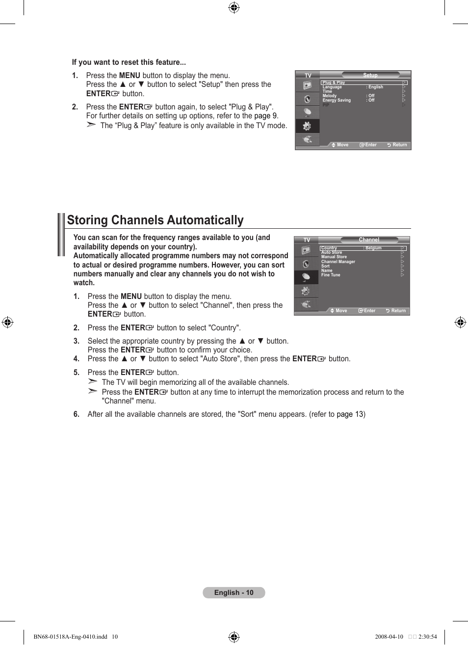 Setting the channels, Storing channels automatically | Samsung LE32A330J1N User Manual | Page 12 / 413