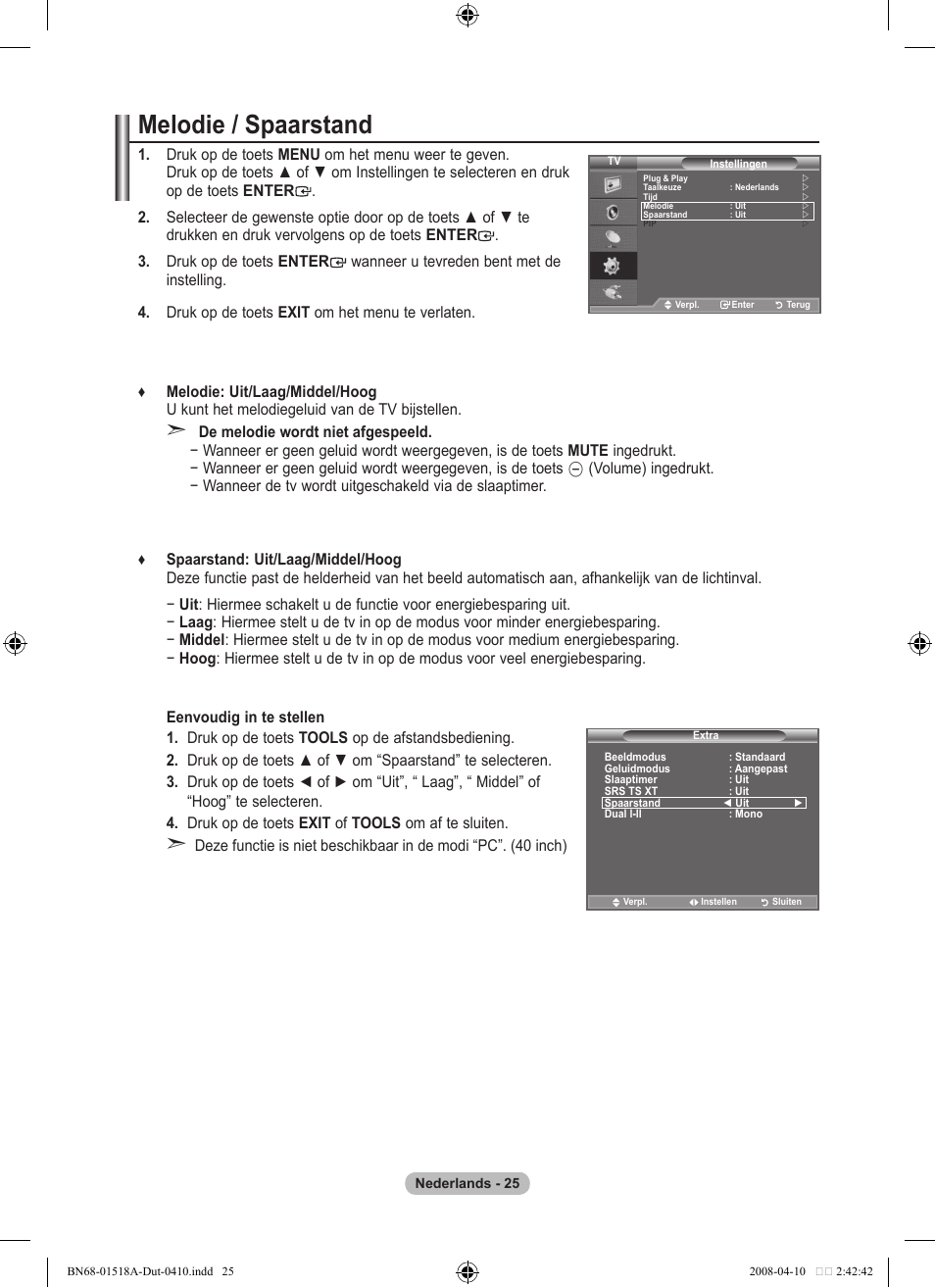 Melodie / spaarstand | Samsung LE32A330J1N User Manual | Page 129 / 413