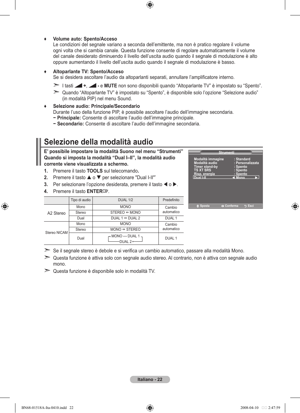 Selezione della modalità audio | Samsung LE32A330J1N User Manual | Page 160 / 413