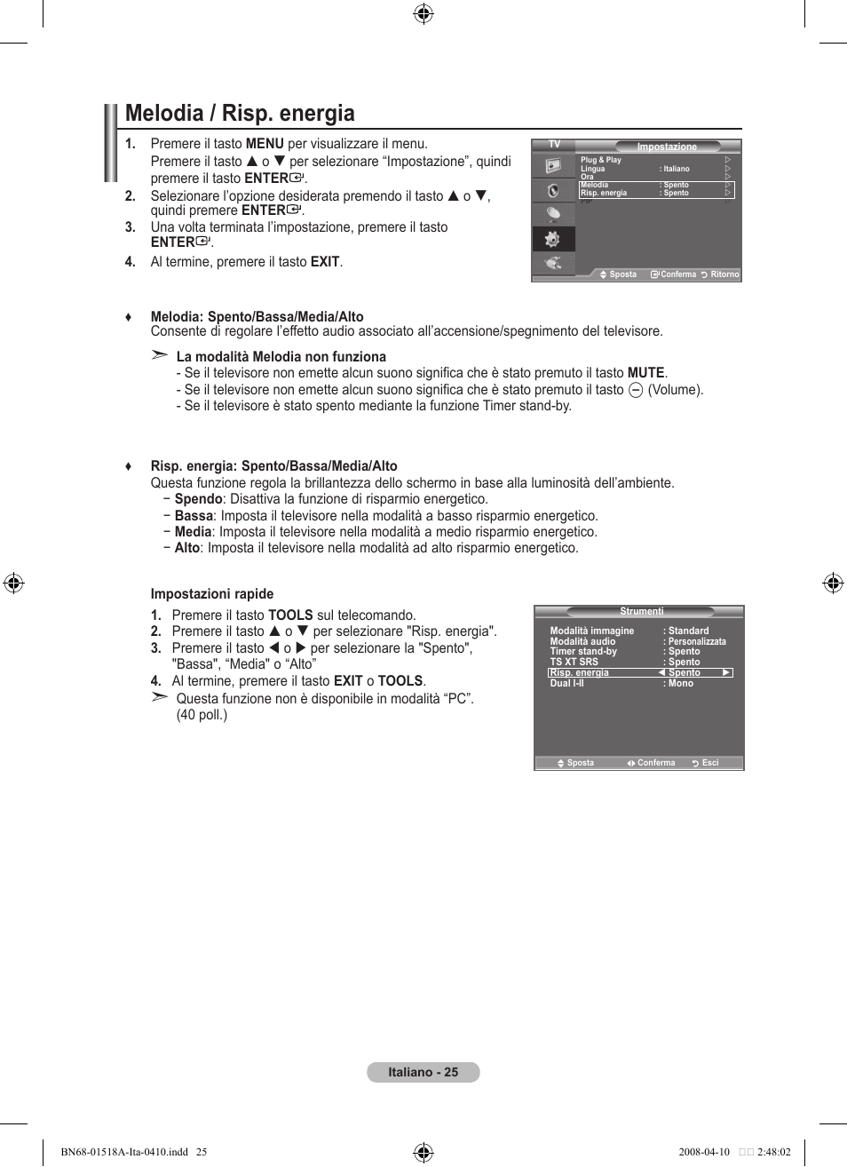 Melodia / risp. energia | Samsung LE32A330J1N User Manual | Page 163 / 413