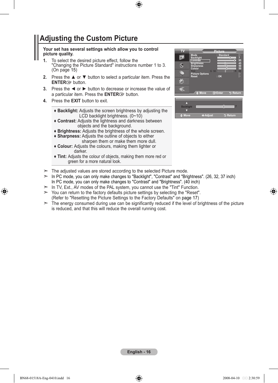 Adjusting the custom picture | Samsung LE32A330J1N User Manual | Page 18 / 413