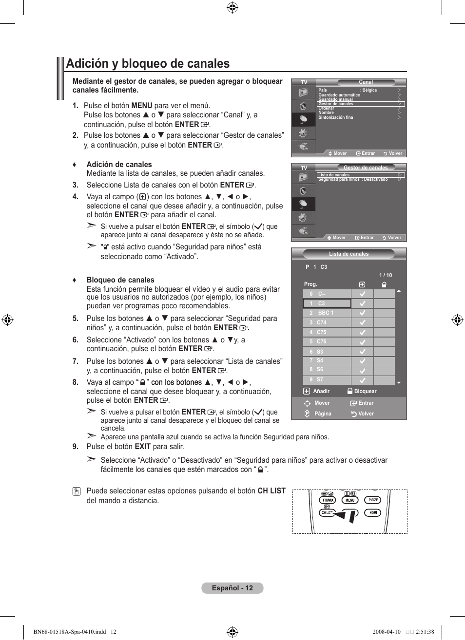 Adición y bloqueo de canales | Samsung LE32A330J1N User Manual | Page 186 / 413