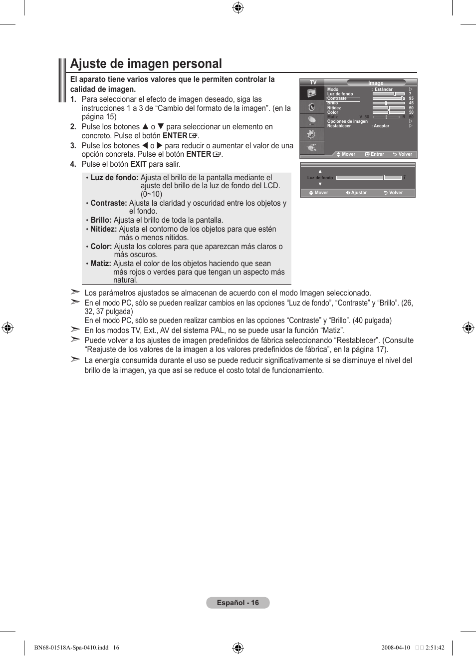 Ajuste de imagen personal | Samsung LE32A330J1N User Manual | Page 190 / 413