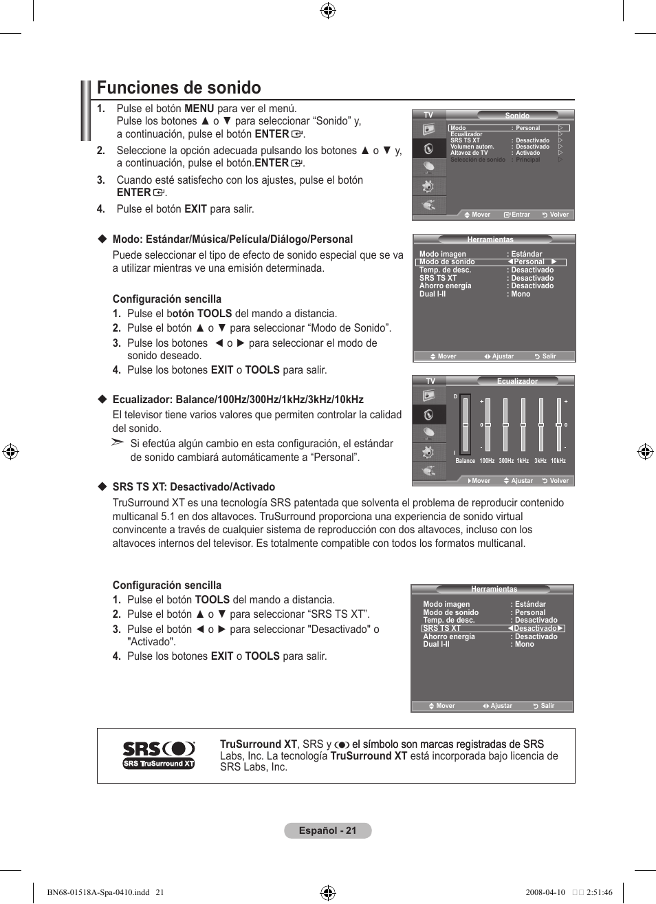 Funciones de sonido | Samsung LE32A330J1N User Manual | Page 195 / 413