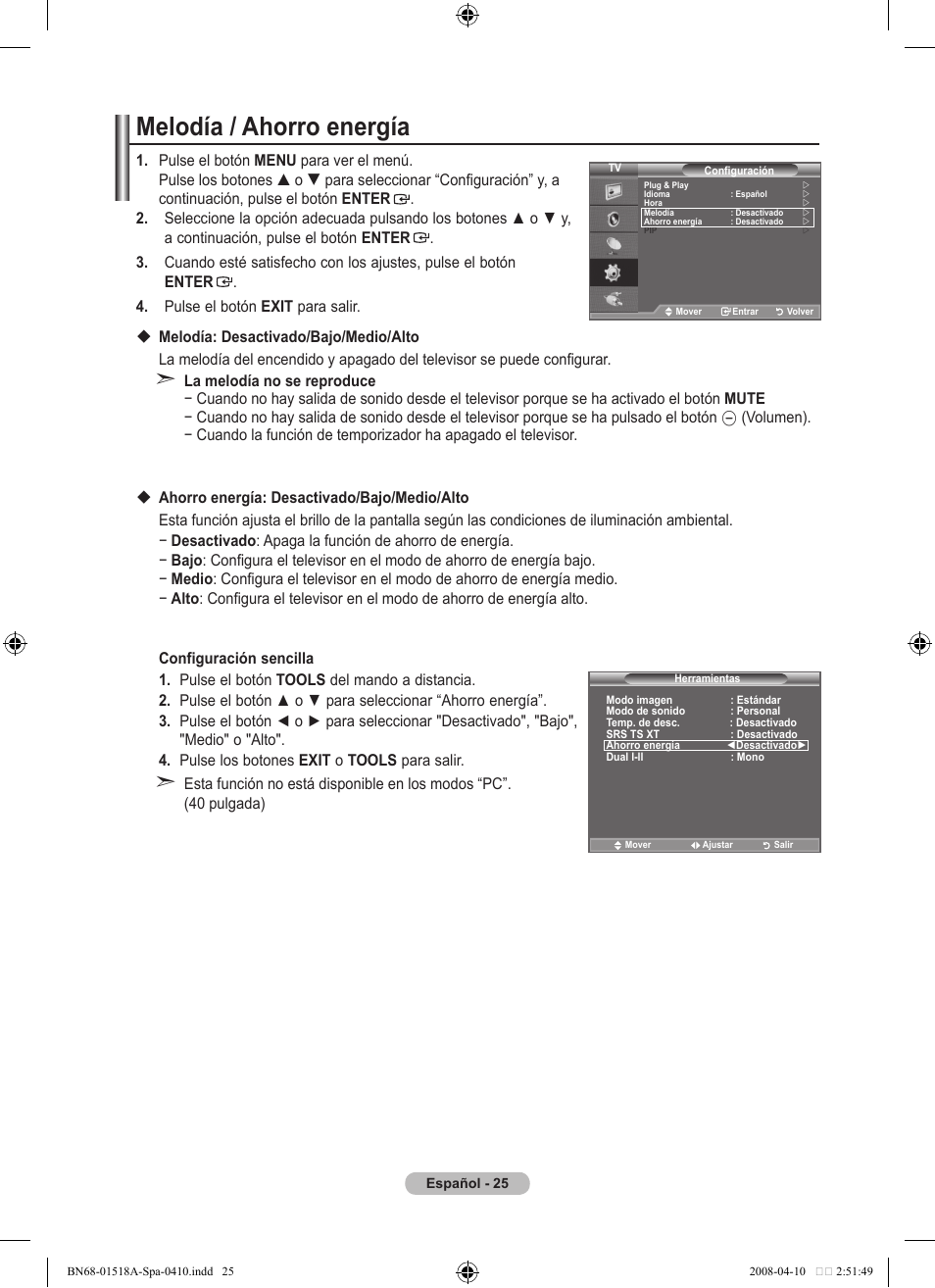 Melodía / ahorro energía | Samsung LE32A330J1N User Manual | Page 199 / 413