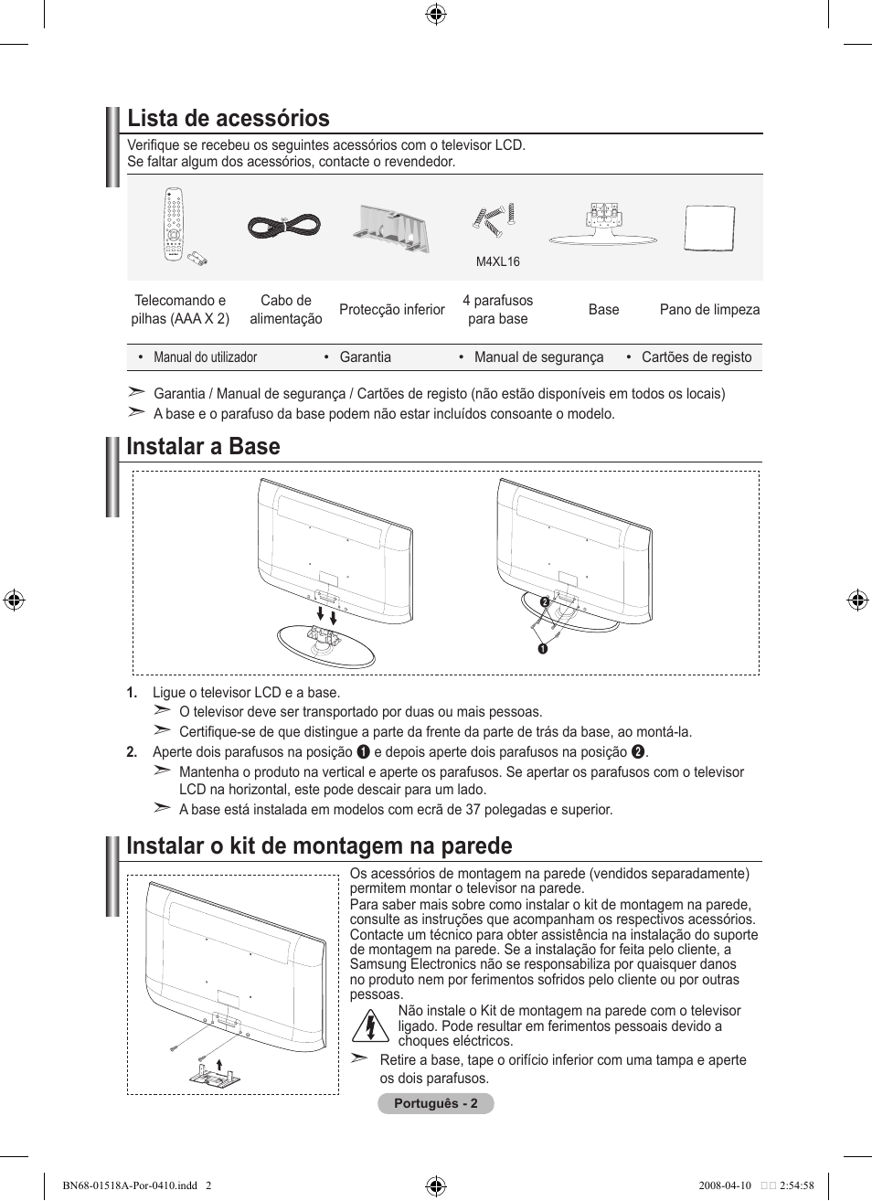 Lista de acessórios, Instalar o kit de montagem na parede, Instalar a base | Samsung LE32A330J1N User Manual | Page 210 / 413