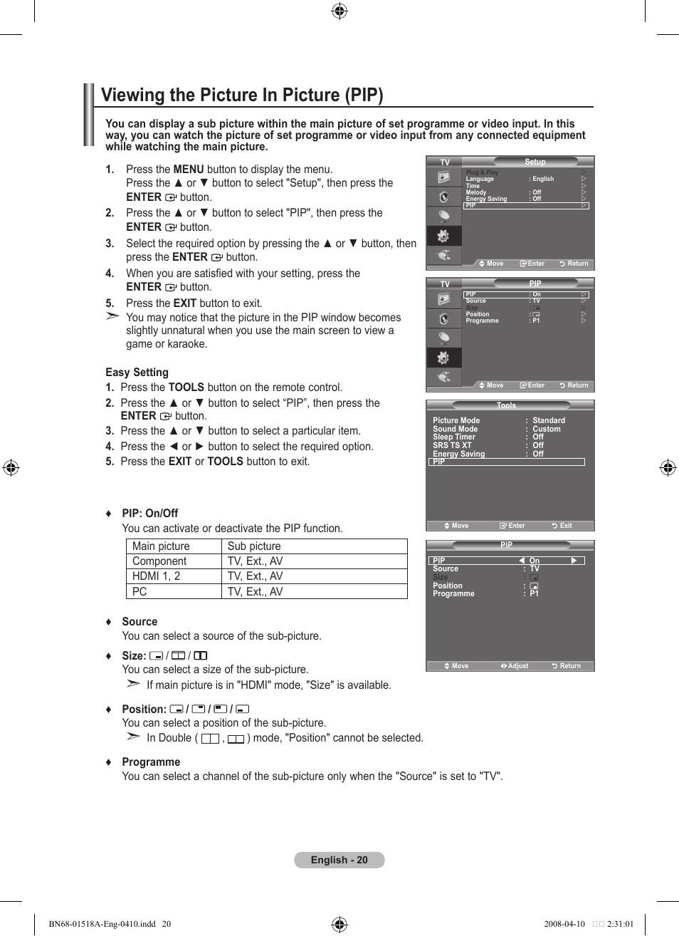 Viewing the picture in picture (pip) | Samsung LE32A330J1N User Manual | Page 22 / 413