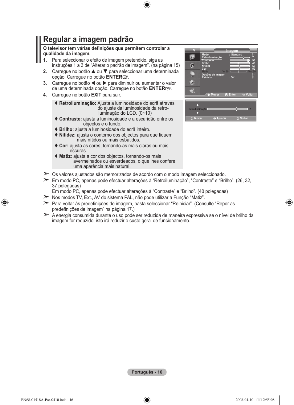 Regular a imagem padrão | Samsung LE32A330J1N User Manual | Page 224 / 413