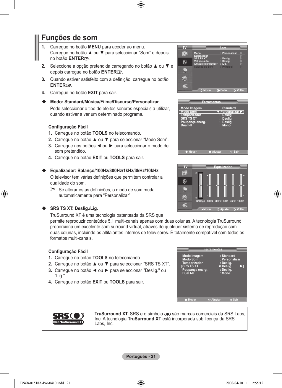 Funções de som | Samsung LE32A330J1N User Manual | Page 229 / 413