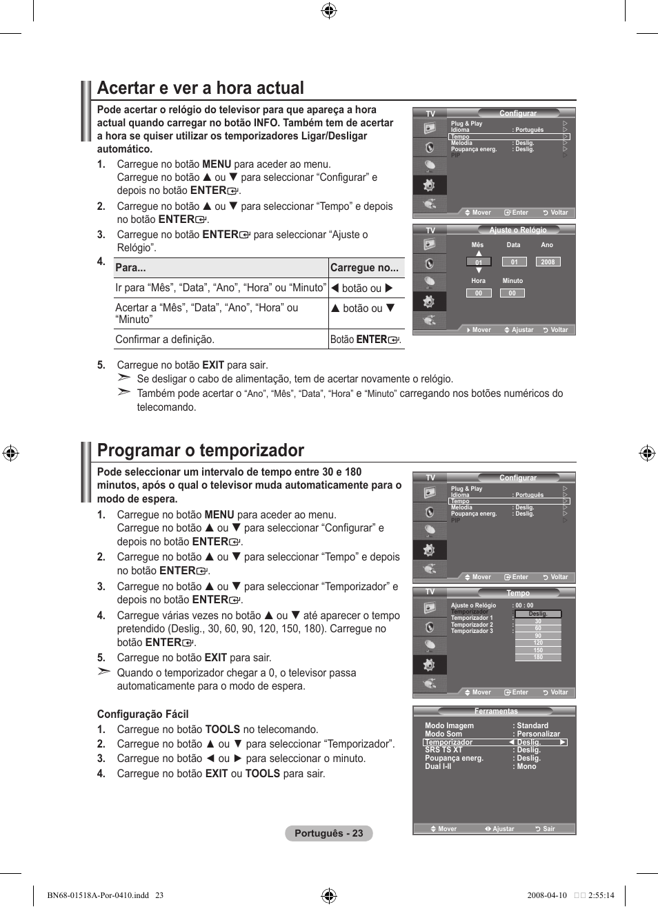 Acertar e ver a hora actual, Programar o temporizador, Enter | Samsung LE32A330J1N User Manual | Page 231 / 413