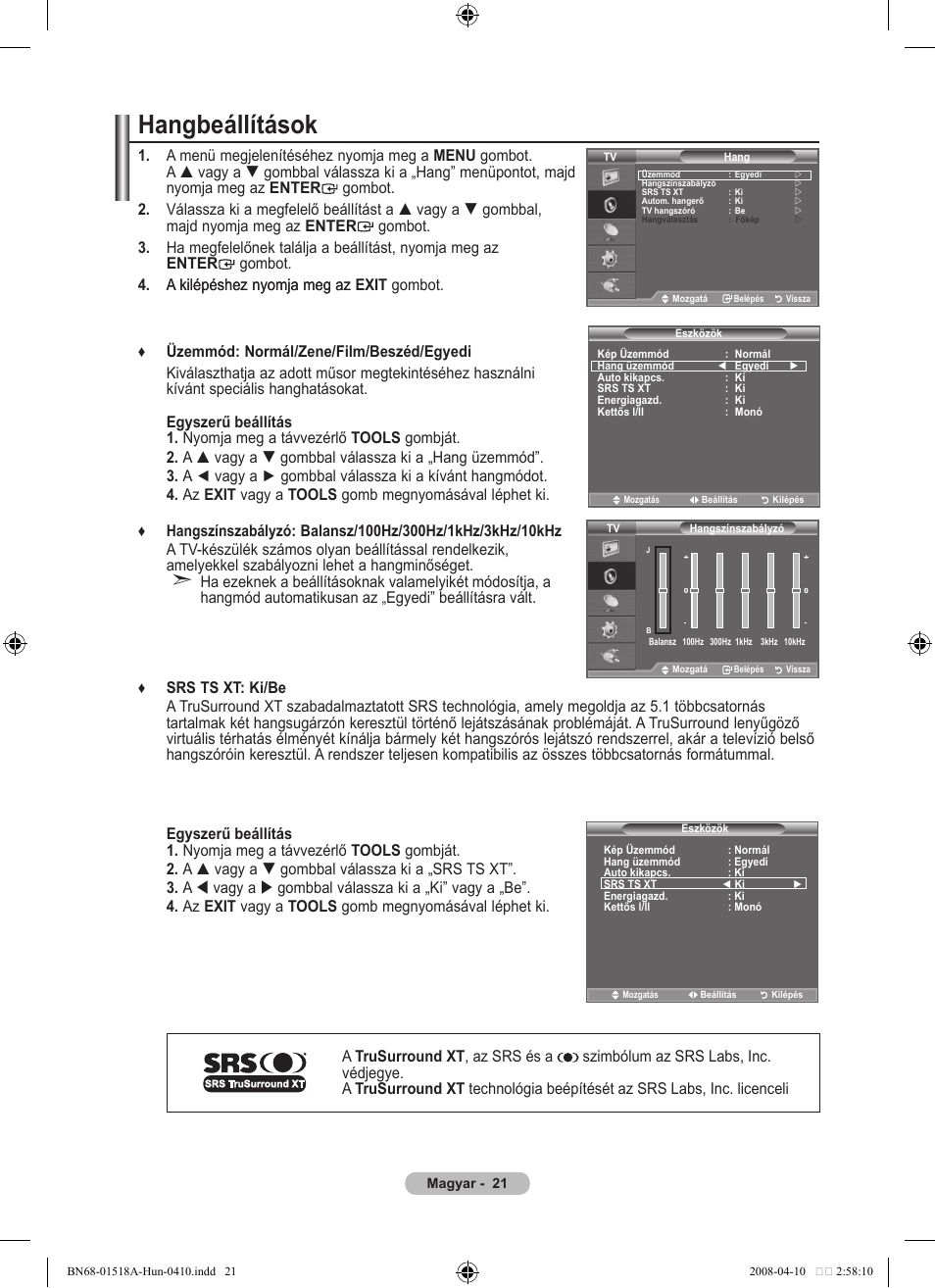 Hangbeállítások | Samsung LE32A330J1N User Manual | Page 263 / 413