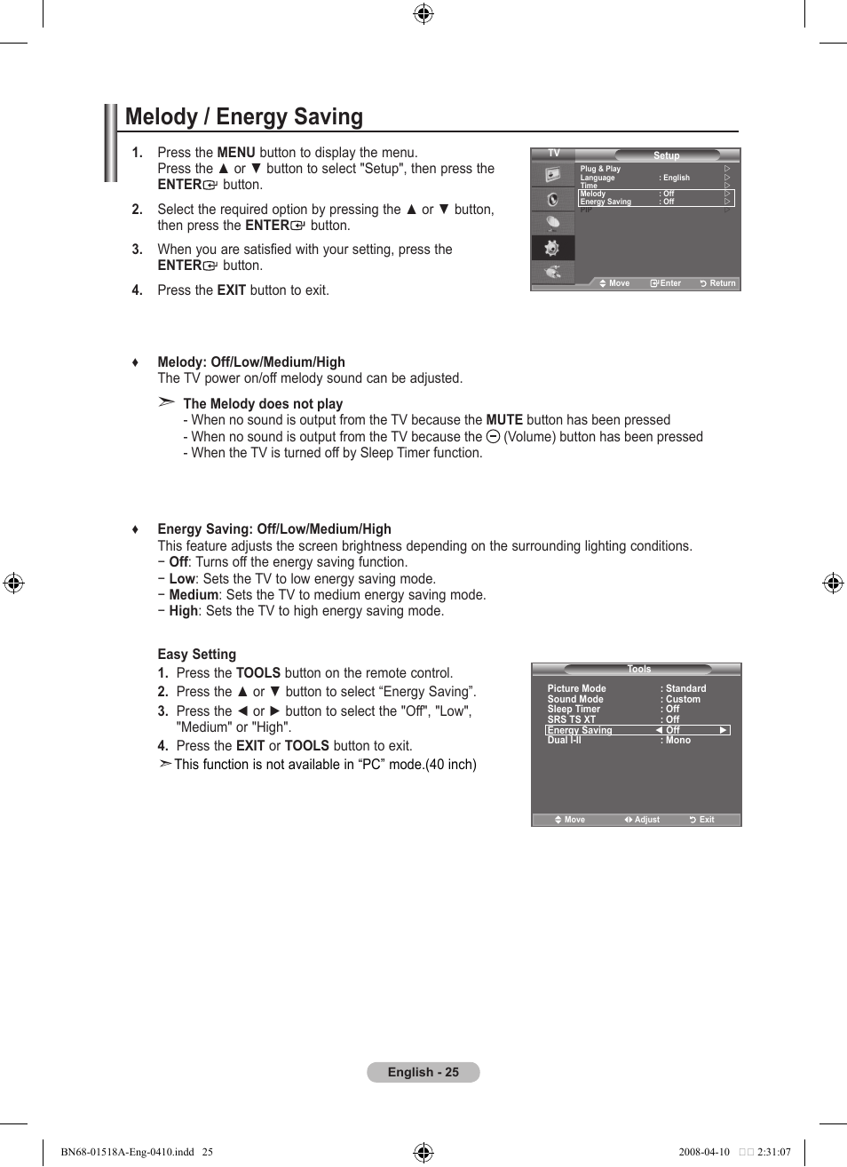 Melody / energy saving | Samsung LE32A330J1N User Manual | Page 27 / 413