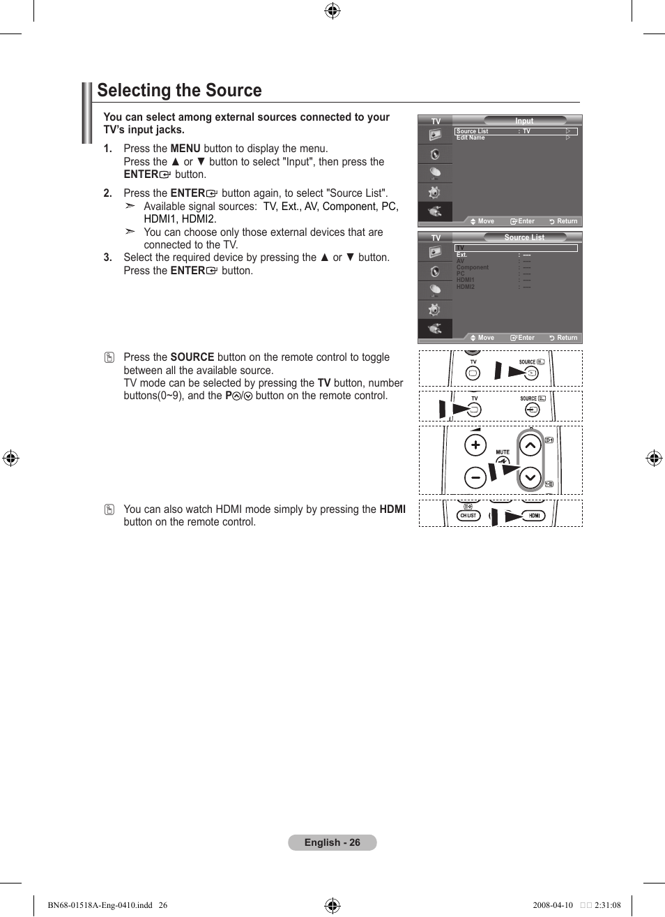 Selecting the source | Samsung LE32A330J1N User Manual | Page 28 / 413