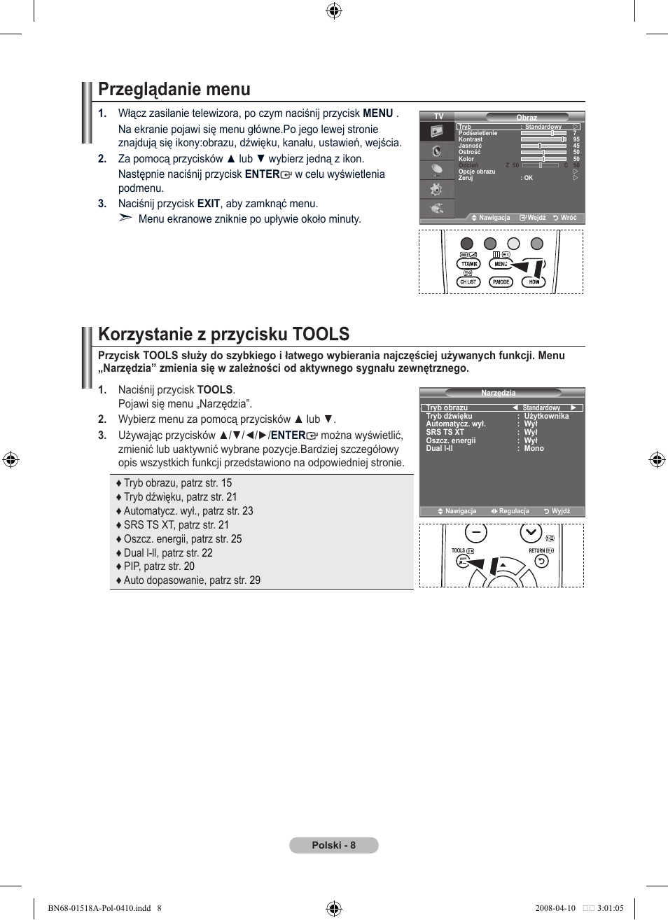 Przeglądanie menu, Korzystanie z przycisku tools | Samsung LE32A330J1N User Manual | Page 284 / 413