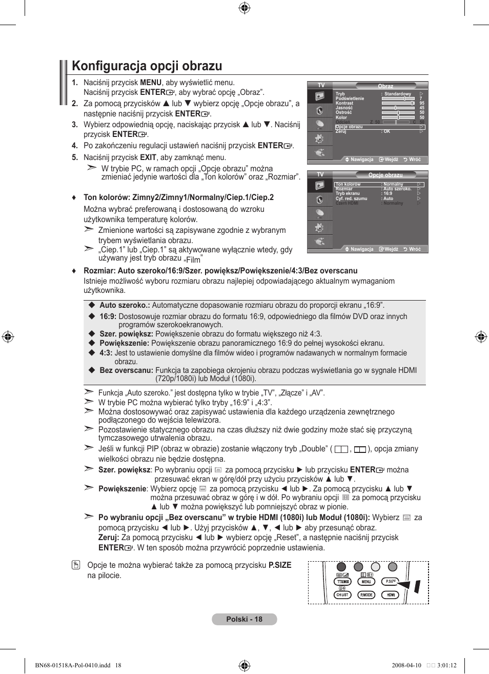 Konfiguracja opcji obrazu | Samsung LE32A330J1N User Manual | Page 294 / 413