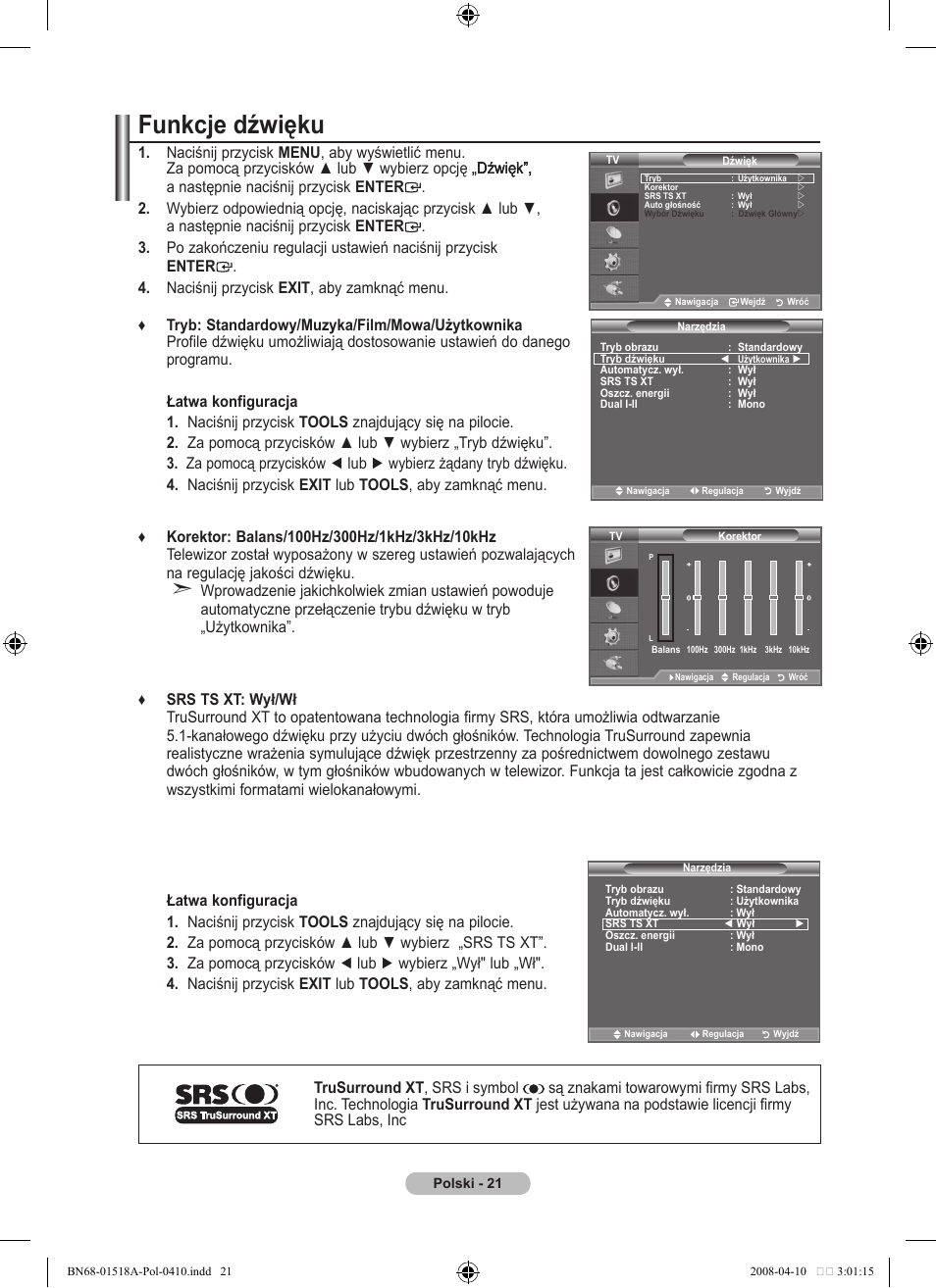 Funkcje dźwięku | Samsung LE32A330J1N User Manual | Page 297 / 413