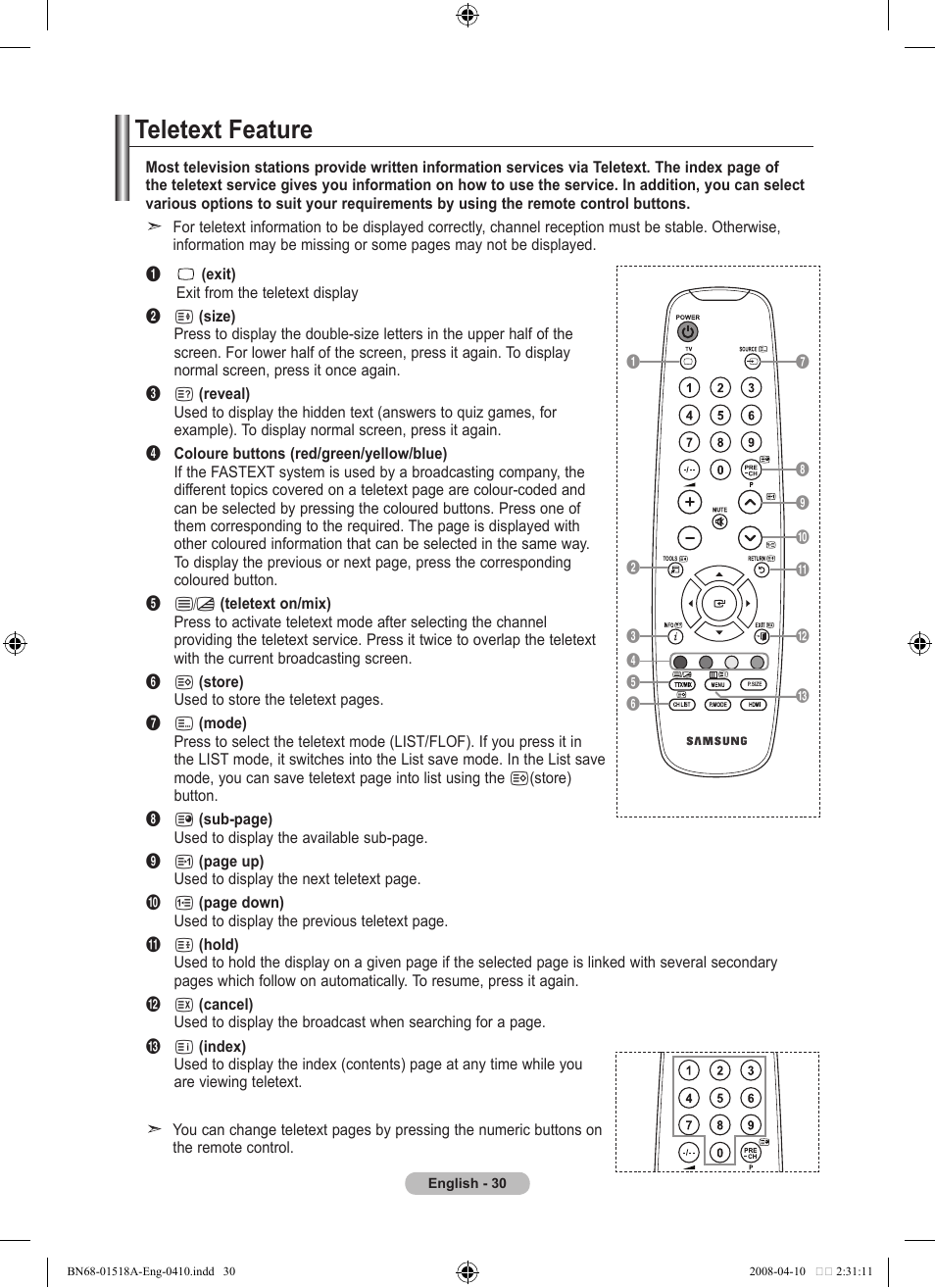 Recommendations for use, Teletext feature | Samsung LE32A330J1N User Manual | Page 32 / 413