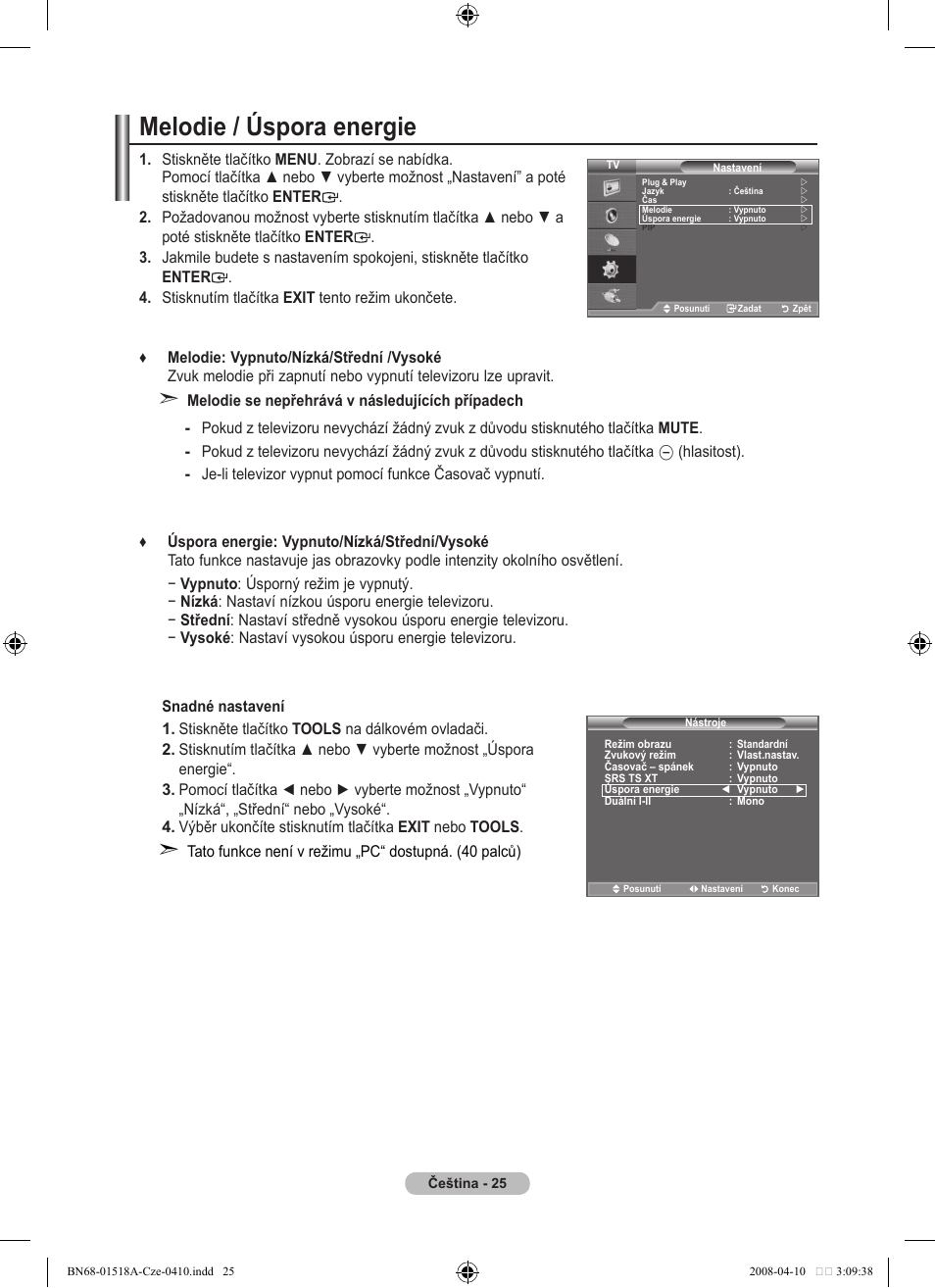 Melodie / úspora energie | Samsung LE32A330J1N User Manual | Page 335 / 413