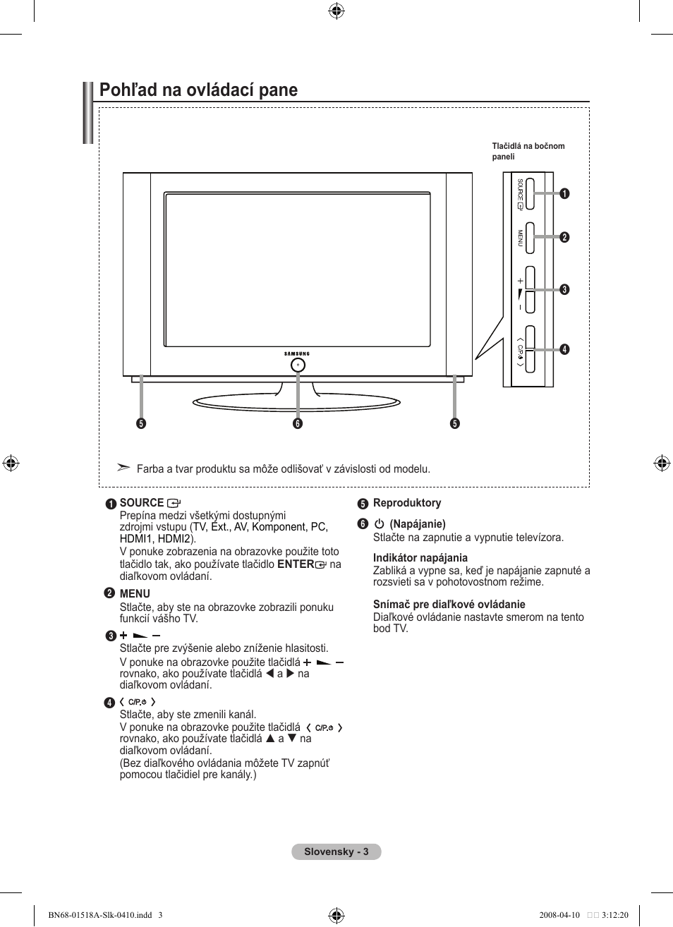 Pohľad na ovládací pane | Samsung LE32A330J1N User Manual | Page 347 / 413