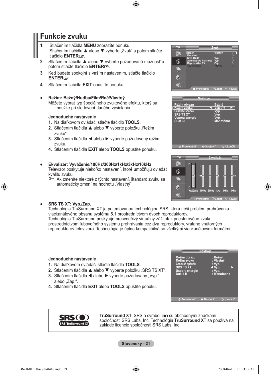 Funkcie zvuku | Samsung LE32A330J1N User Manual | Page 365 / 413