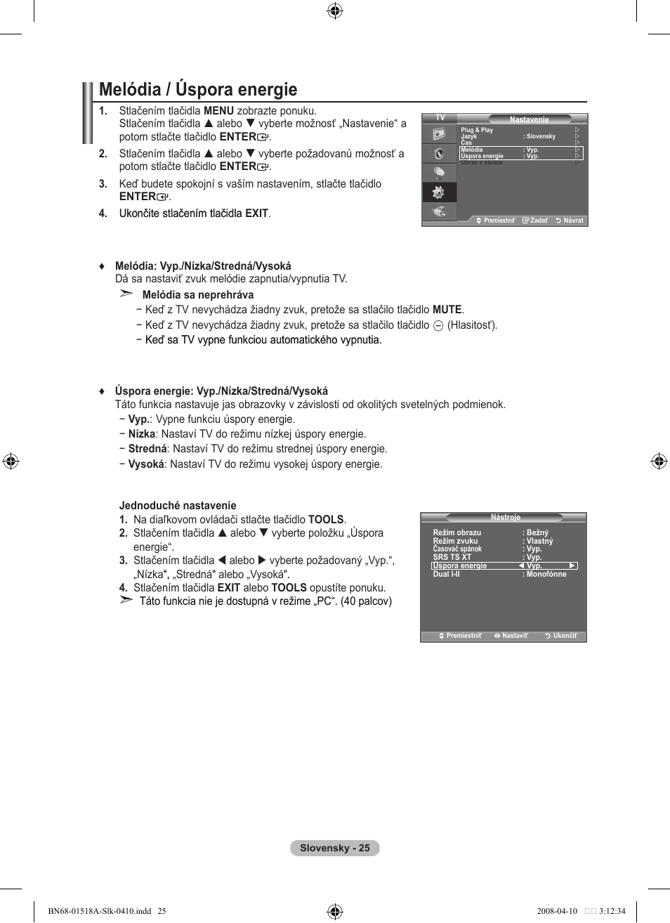 Melódia / úspora energie | Samsung LE32A330J1N User Manual | Page 369 / 413