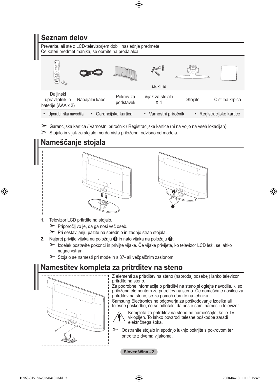 Seznam delov, Namestitev kompleta za pritrditev na steno, Nameščanje stojala | Samsung LE32A330J1N User Manual | Page 380 / 413