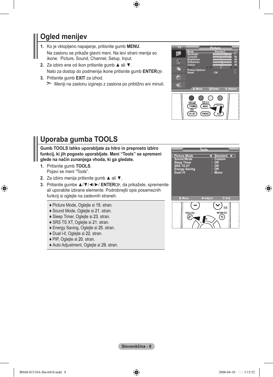 Ogled menijev, Uporaba gumba tools | Samsung LE32A330J1N User Manual | Page 386 / 413