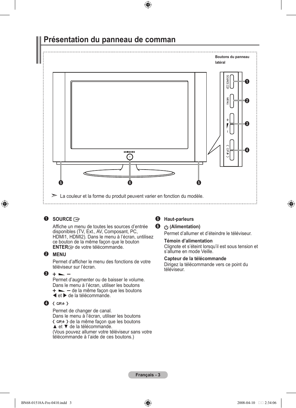 Présentation du panneau de comman | Samsung LE32A330J1N User Manual | Page 39 / 413