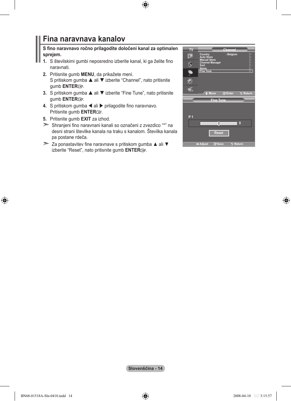 Fina naravnava kanalov | Samsung LE32A330J1N User Manual | Page 392 / 413