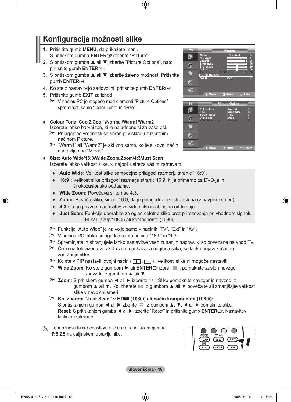 Konfiguracija možnosti slike | Samsung LE32A330J1N User Manual | Page 396 / 413