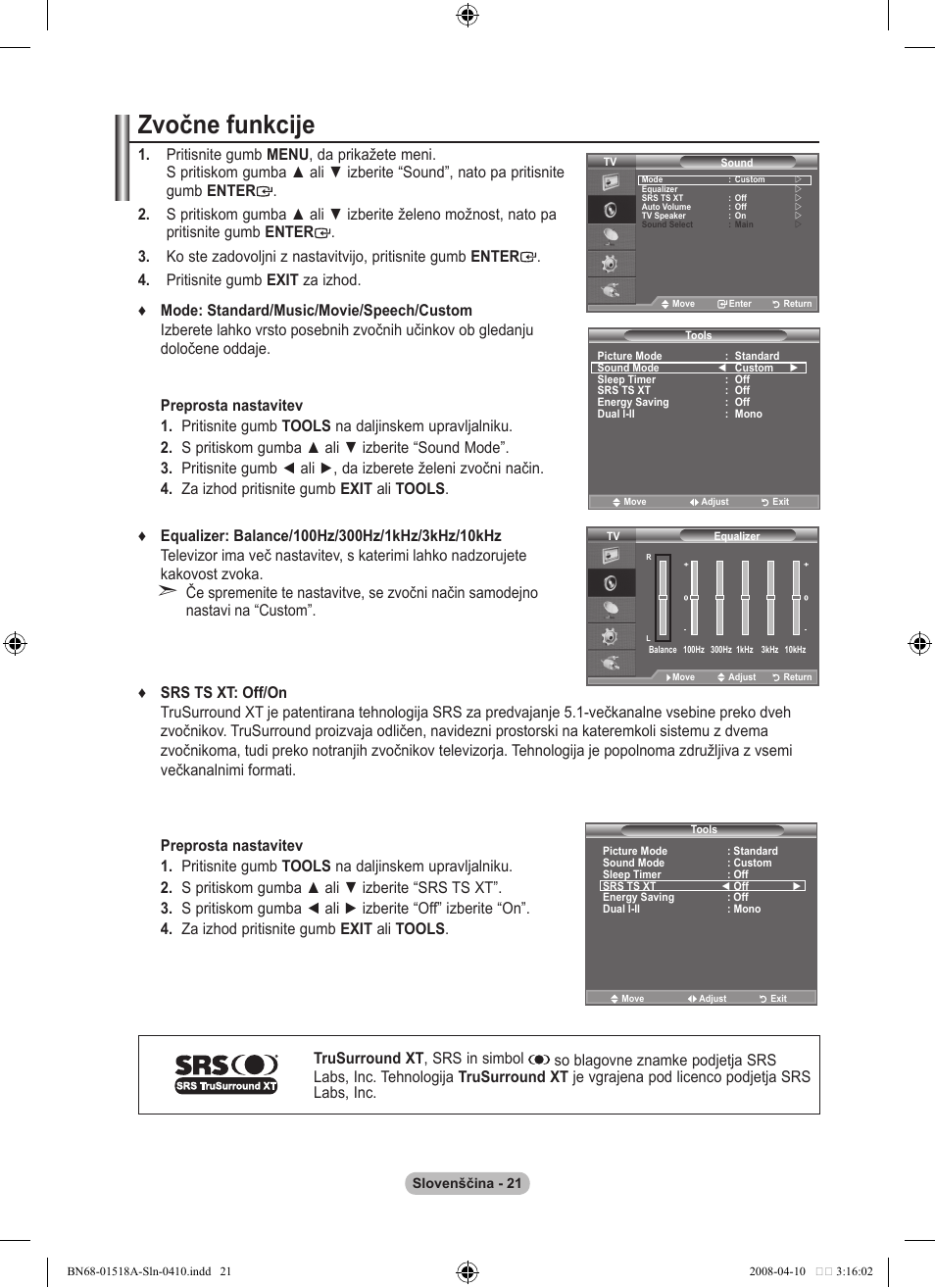 Zvočne funkcije | Samsung LE32A330J1N User Manual | Page 399 / 413