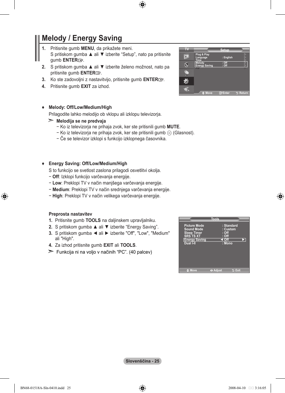 Melody / energy saving | Samsung LE32A330J1N User Manual | Page 403 / 413