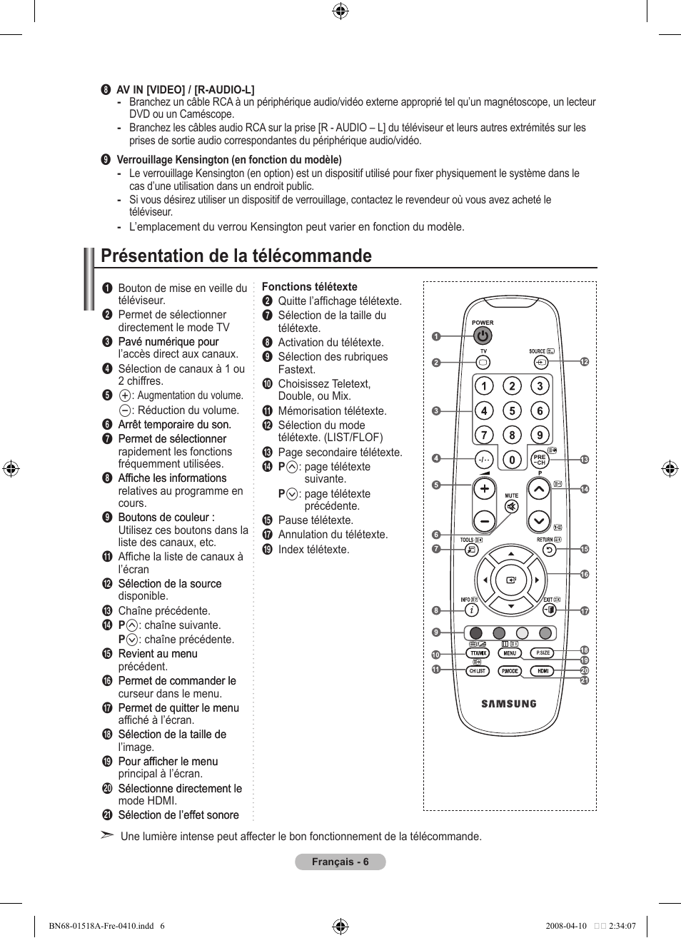 Présentation de la télécommande | Samsung LE32A330J1N User Manual | Page 42 / 413