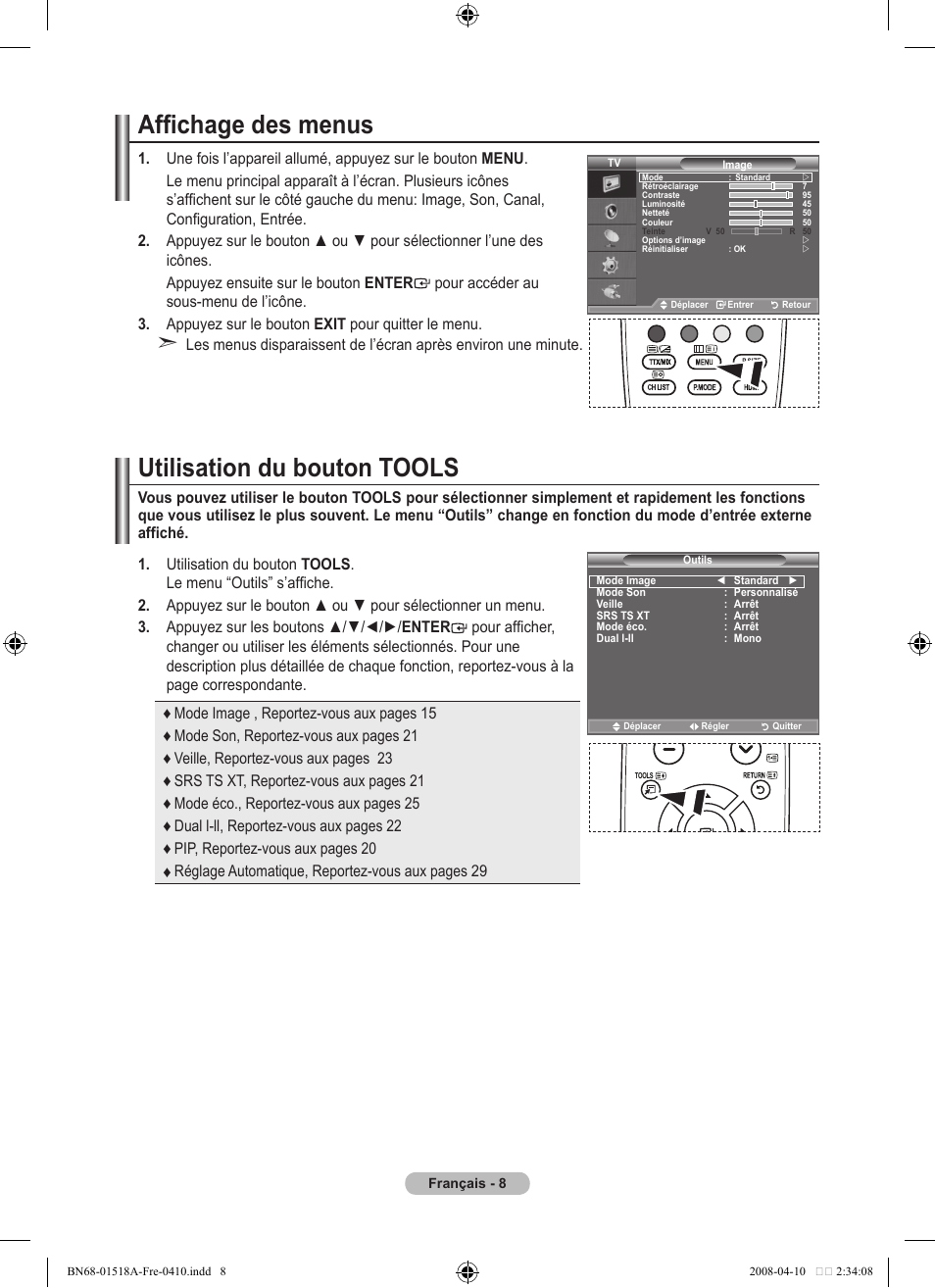 Affichage des menus, Utilisation du bouton tools | Samsung LE32A330J1N User Manual | Page 44 / 413