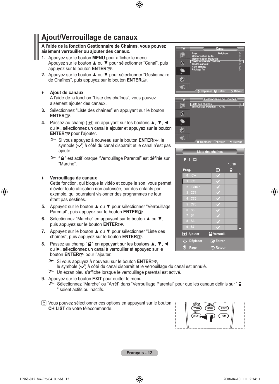 Ajout/verrouillage de canaux | Samsung LE32A330J1N User Manual | Page 48 / 413