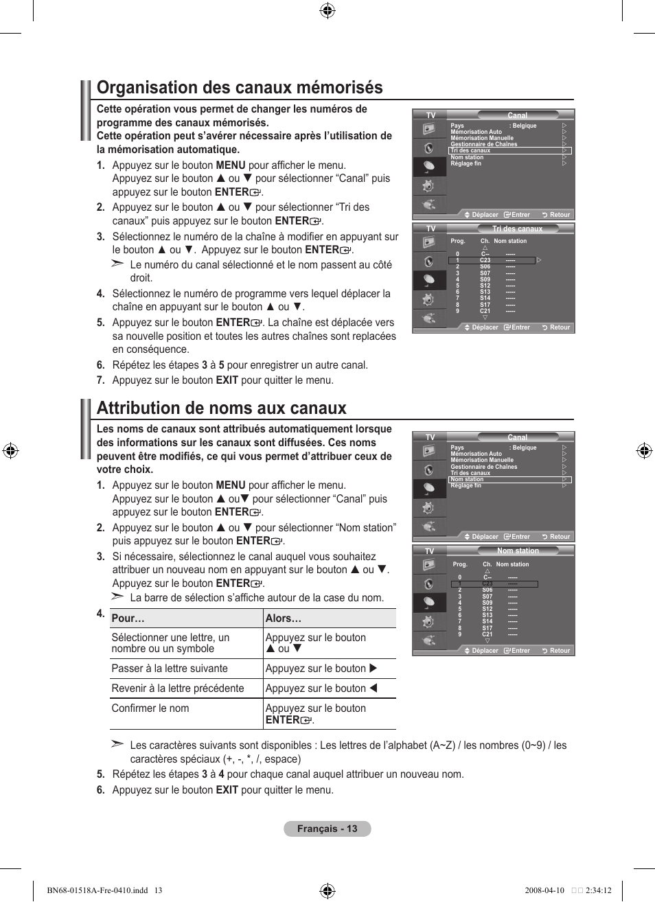 Organisation des canaux mémorisés, Attribution de noms aux canaux | Samsung LE32A330J1N User Manual | Page 49 / 413