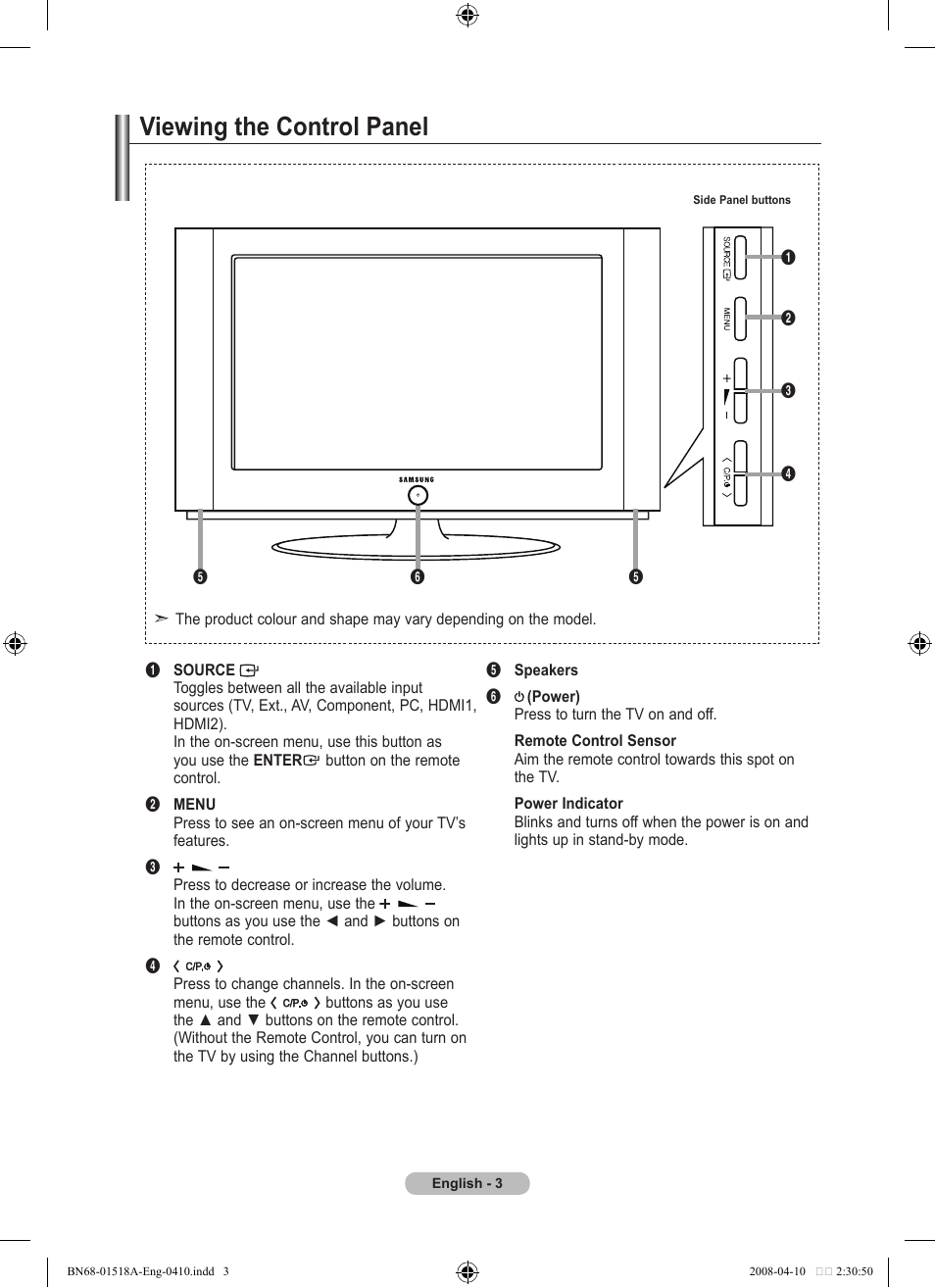 Viewing the control panel | Samsung LE32A330J1N User Manual | Page 5 / 413